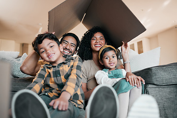 Image showing New home, family and portrait with cardboard box for moving, mortgage and property purchase. Living room, smile and parents with kids and bonding together with love and children laughing with mom