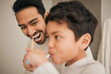 Image showing Face of dad, boy and child brushing teeth for hygiene, morning routine or teaching healthy oral habits at home. Happy father, kid and dental cleaning in bathroom with toothbrush, fresh breath or care