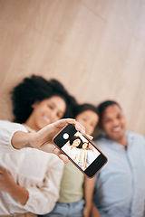 Image showing Phone, selfie and happy family in home, top view and bonding together. Smartphone screen, photography and parents, child and smile in portrait, taking profile picture for social media or mockup space