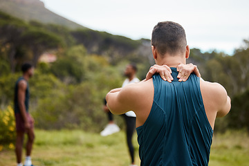 Image showing Fitness, nature or sports man with neck pain in exercise, body training injury or outdoor workout. Athlete back view, stress or personal trainer with anxiety, accident or muscle problem emergency