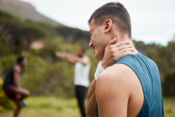 Image showing Fitness, nature or athlete with neck pain in exercise, body training injury or outdoor workout. Sports man, stress or hurt personal trainer with anxiety, accident or muscle problem emergency in park