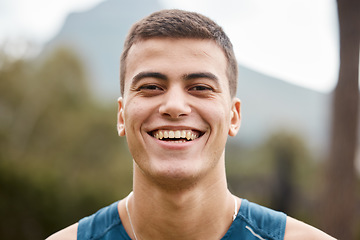 Image showing Fitness, nature and portrait of man athlete ready for running for race, marathon or competition training. Sports, mountain and headshot of young male runner for an outdoor cardio exercise or workout.