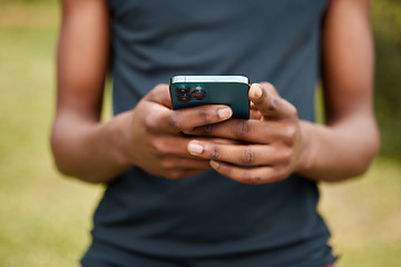 Image showing Man, hands and phone typing in fitness, social media or outdoor networking for communication in nature. Closeup of male person in online texting, sports research or chatting on mobile smartphone app