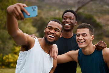 Image showing People, fitness and friends in selfie, nature or sports memory together for workout, exercise or training. Happy group of active men smile in outdoor photography, picture or social media at forest