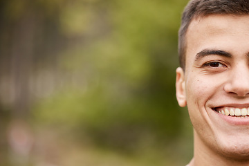 Image showing Smile, half portrait and a man in nature for fitness, exercise or a workout on bokeh. Happy, face and an athlete or person in a park for training, sport or running on mockup space for cardio