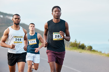 Image showing People, fitness and running on mountain for marathon, sports or outdoor race together in nature. Group of athletic runners on road in cardio workout, training or exercise for competition or triathlon