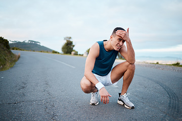 Image showing Fitness, tired or man on break in running training, cardio workout and exercise outdoors. Runner breathing, sports or athlete exhausted with fatigue resting to recover energy in marathon race on road