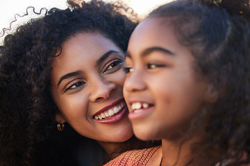 Image showing Mother, kid and smile outdoor together, bonding and having fun for healthy relationship. Happy mom, young girl and child with care, love and trust in support for connection of mama, family and play.