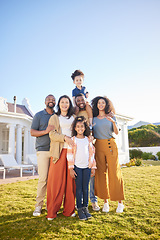 Image showing Kids, grandparents and parents outdoor at a house laughing together on funny vacation in summer. Interracial family at a holiday home with happiness of men, women and children for generation portrait