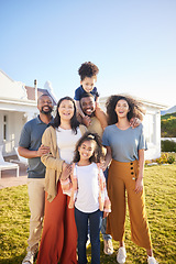 Image showing Children, parents and grandparents at house outdoor to relax for summer vacation. Men, women and kids or interracial family portrait together at holiday home or real estate property with sky banner