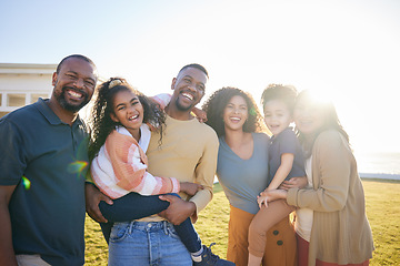 Image showing Portrait of parents, grandparents and children outdoor laughing together on funny vacation in summer. African family at a holiday house with happiness of men, women and kids for generation love