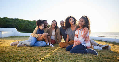 Image showing Beach, smile and family relax on vacation, bonding and having fun together on grass on mockup space. Grandparents, happy and interracial parents with kids at ocean to travel on holiday, care and love