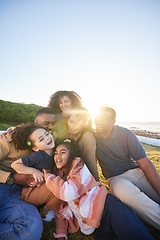 Image showing Parents, grandparents and happy children hug outdoor or laughing together on funny vacation in summer. Big family on grass for holiday in nature with care of men, women and kids for sunset sky banner