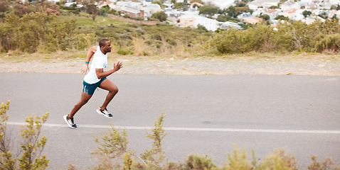 Image showing Morning, road and a black man running for fitness, exercise and training for a marathon. Sports, health and an African runner or fast person in the street for a workout, cardio or athlete commitment