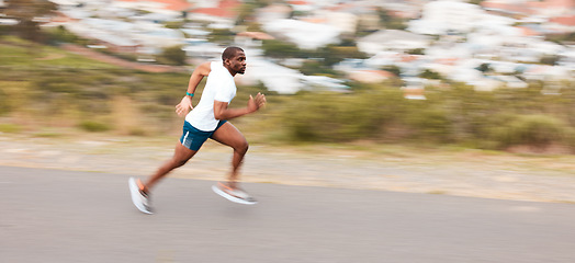 Image showing Speed, road and a black man running for fitness, exercise and training for a marathon. Sports, health and an African runner or fast person in the street for a workout, cardio or athlete commitment