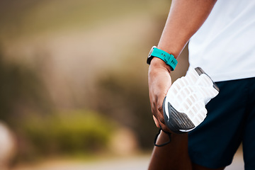 Image showing Nature, mockup or runner stretching legs, ready to start running a race in sports training. Fitness space, wellness or athlete person in warm up for workout, practice or exercise in Texas, USA