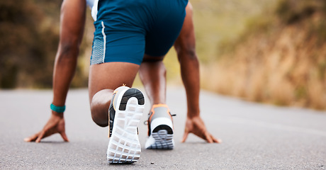 Image showing Fitness, start or runner running on a road by nature for exercise, training or outdoor workout. Sports race, fast man or closeup of active athlete on street with endurance, freedom or challenge