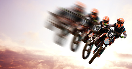 Image showing Motorcycle, double exposure and motion blur with a sports person in the air during a jump at a race course. Bike, training and energy with an athlete on a cloudy sky for speed, power or freedom