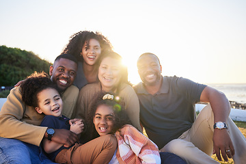 Image showing Children, parents and grandparents portrait outdoor at beach to relax for summer vacation. Happy men, women and kids or family together at sunset for holiday with love, care and fun bonding on nature