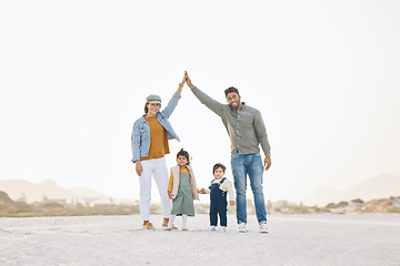 Image showing Portrait, outdoor or hands of family for insurance, care or unity for happiness, safety or covering. Interracial, parents or mom at beach with dad, children or kids for love or protection on mockup