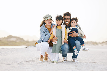 Image showing Happy family, portrait and children with parents on beach, vacation or travel to Rio de Janeiro with happiness or freedom. Face, smile and young kids with mom and dad in summer, holiday or nature