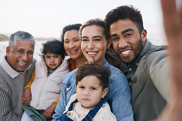Image showing Big family selfie, beach or portrait of children in nature with grandparents on holiday vacation. Dad, siblings or happy kids bonding with mom, grandmother or grandfather in fun photograph together