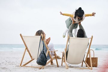 Image showing Airplane, beach or child with parents playing to relax or bond as a happy family with love or care. Father, flying or excited African dad with a kid to enjoy fun games on holiday together by an ocean