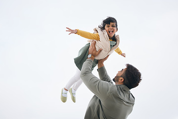 Image showing Airplane, sky background mockup or child playing with father to relax or bond with love or care, Smile, outdoor flying space or excited Indian dad with a kid to enjoy fun games on a holiday together