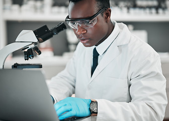 Image showing Science, laptop and black man with research, medical and microscope with healthcare, typing and chemistry. African person, biologist or scientist with a computer, laboratory equipment and digital app