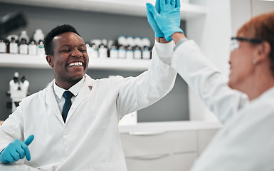 Image showing Scientist teamwork, man and woman with high five, laboratory and smile for partnership goals with results. African science expert, yes and congratulations for success, medical research and innovation