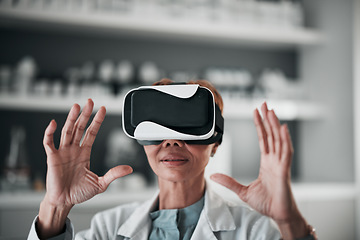 Image showing Virtual reality glasses, woman or medical with research, chemistry or software with digital experience. Person, researcher or scientist with VR eyewear, healthcare metaverse or data analysis in a lab