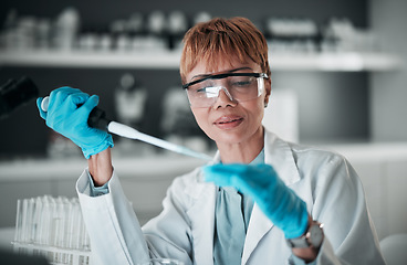 Image showing Scientist, black woman and pipette for dna blood engineering, medicine pharmacy or medical science research. Study, dropper or equipment in healthcare analytics test or future vaccine innovation