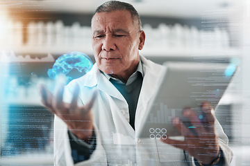 Image showing Tablet, science and earth hologram with a man in the laboratory for research or innovation on double exposure. Medical, future and global dashboard with a scientist using ai or 3d technology in a lab