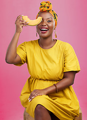 Image showing Melon, portrait and black woman in studio with diet, advice or lose weight with cantaloupe tips on pink background. Fruit, detox and African lady nutritionist with organic, cleanse or raw food advice