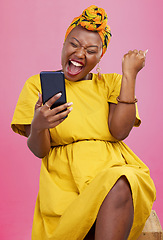 Image showing Celebration, winning and black woman excited for mobile app deal isolated in studio pink background with prize. Giveaway, African and happy person with promotion, bonus and competition notification