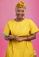 Image showing Black woman, portrait and tablet in studio for marketing, networking or internet search with smile. African, person and happiness for digital mobile, social media, website or tech on pink background