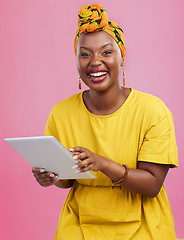 Image showing Black woman, tablet and communication, funny meme on social media with chat, internet search and laugh in studio. Scroll online with comedy, African user with app and technology on pink background