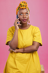 Image showing Face, phone call and black woman in studio frustrated by phishing, scam or telemarketing spam on pink background. Smartphone, conversation and African female with eye roll emoji or annoyed attitude