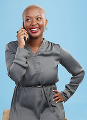 Image showing Phone call, black woman and smile in studio for business networking, communication and startup on blue background. Smartphone, person and happiness for work conversation, chat and internet connection