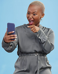 Image showing Surprise, winning and black woman excited for mobile app deal isolated in studio pink background with prize. Giveaway, African and happy person with promotion, bonus and competition notification
