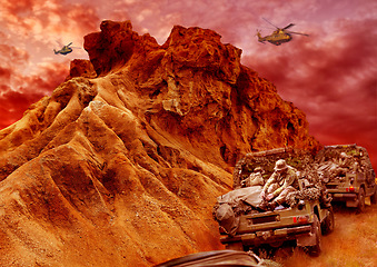 Image showing War, desert and army, apocalypse and military transport with helicopter, explosion and destruction with conflict. Survival, mission and people fight on battlefield, action and post apocalyptic