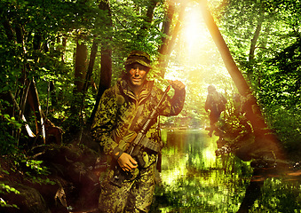 Image showing War, jungle and man in army, military and nature with gun or weapon, conflict and warrior outdoor. Survival, mission and fight on battlefield, action with swamp or forest and portrait of soldier