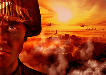 Image showing Conflict, army and portrait of soldier with fire in warzone for service, military duty or battle in camouflage. Apocalypse, fight and face of man with helicopter for armed forces, defense or warfare