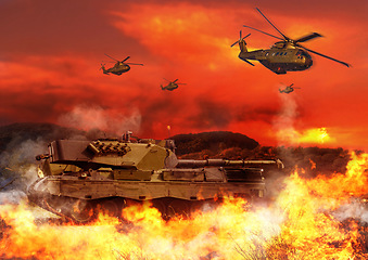 Image showing Tank, military and helicopter with fire in explosion for service, army duty and conflict in city. Target, apocalypse and airforce with bombs for armed forces, defense and warfare in battlefield