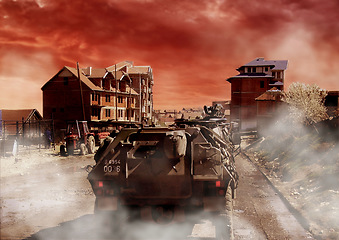 Image showing War, apocalypse and military transport, army in a post apocalyptic background and conflict with smoke and dust. Survival, mission and warrior with fight on battlefield, action and tank for battle