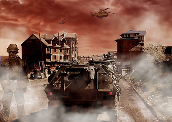 Image showing War, soldier and military transport, army in a post apocalyptic landscape and conflict with person, dust and hero. Survival, mission and warrior with fight on battlefield, action and tank for battle