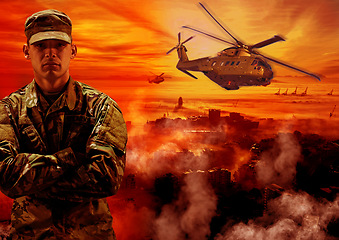 Image showing War, man and soldier, helicopter and fire with military transport, army in a post apocalyptic landscape and conflict. Survival, mission and warrior with fight on battlefield, action and apocalypse