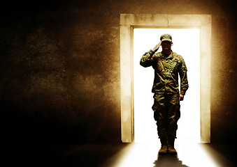 Image showing Military, door and soldier salute for leaving home for service, army duty and battle in camouflage uniform. Mockup, war hero and man at entrance ready for armed forces, country and marine defense