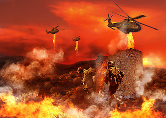 Image showing Combat, military and soldier with fire in battlefield for service, army duty and battle in camouflage. Mockup, explosion and people with helicopter for armed forces, defense or warfare conflict