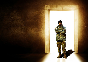 Image showing Military, crossed arms and man leaving at door for service, army duty and battle in camouflage uniform. Mockup, professional and portrait of soldier at entrance for armed forces, defense and marines